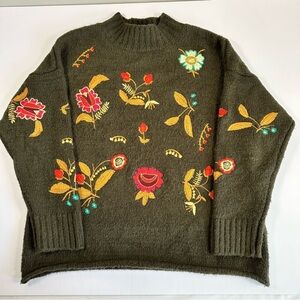 Cliché Olive Green Embroidered Floral Sweater Medium Boho Cottagecore Pullover